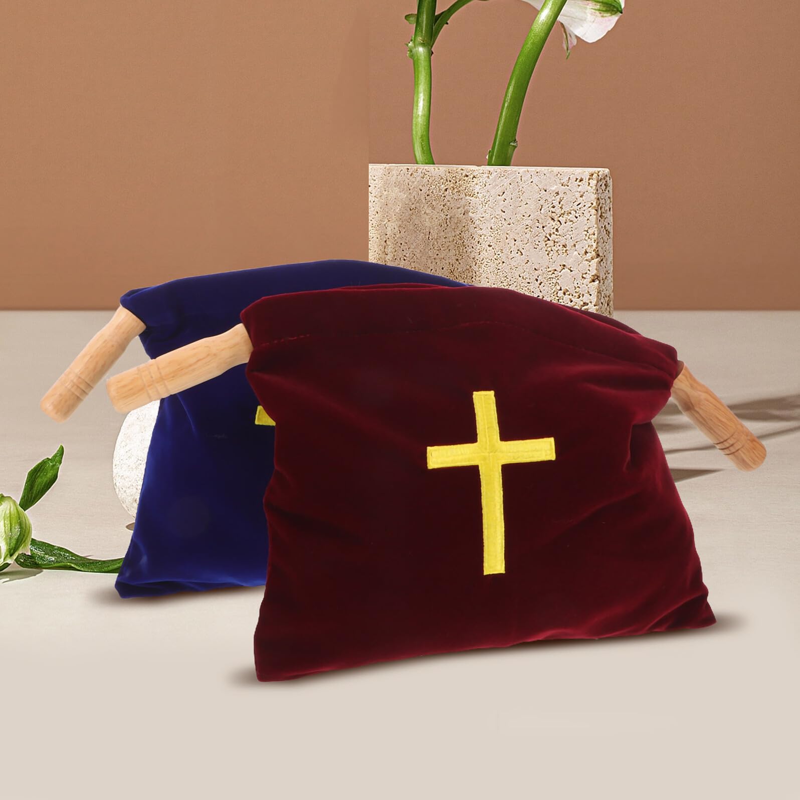 LRXIYODE 2 Szt. Welurowych Toreb Ofiary z Drewnianą Rączką Przenośna Sakiewka Do Kościoła z Haftowanym Krzyżem Elegancka Torba Zbiórkę i Komunijne Dary dla Kobiet i Mężczyzn