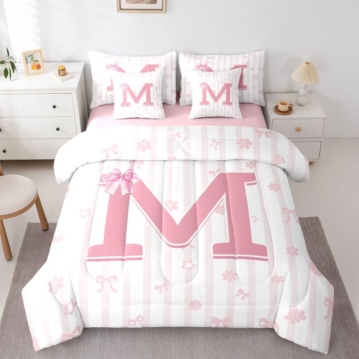 Feelyou Girls Cute Pink Bow Queen Comforter Set with Sheets for Kids Boys Girls Kawaii Bowknot 7 Pieces Bedding Set Personalized Initial M Bed in a Bag Room Decor Soft Lightweight Microfiber