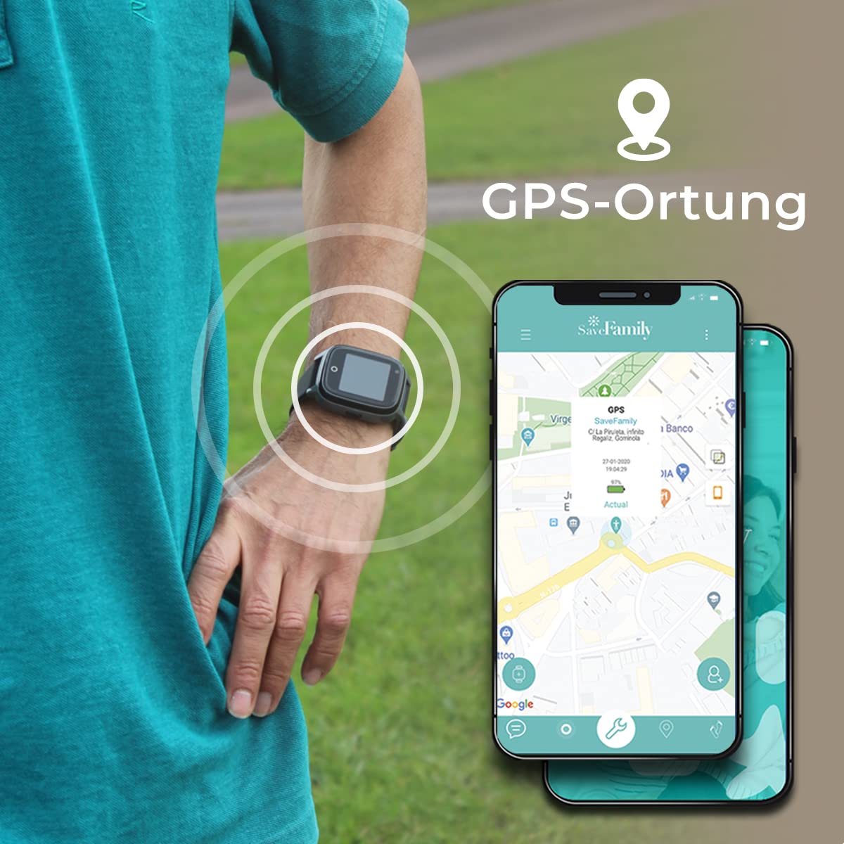 SaveFamily Senior. Ortungsgerät für Senioren, GPS, Anrufe, Notruferinnerung, Herzfrequenz, Schrittzähler, eigene App.