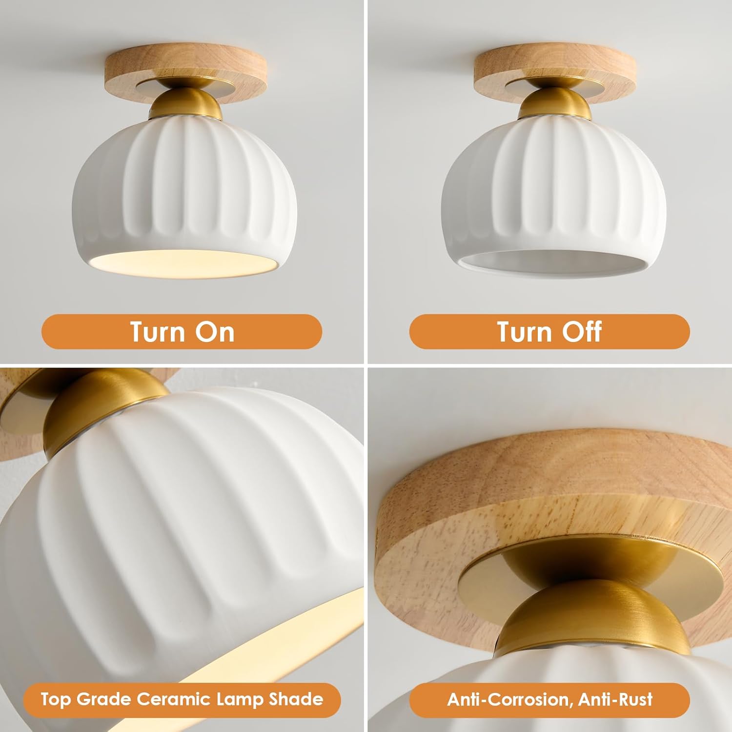 Ceramic Semi Flush Mount Ceiling Light - 2 Pack, Vintage Wood Gold Hallway Light Fixtures, White Globe Ceiling Lights,Mid Century Small Chandelier Light Fixture for Cottage Entryway Laundry Room Foyer