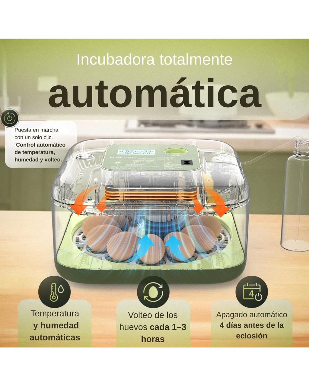 Egg&Co Start 12 – Incubadora automática 12 huevos gallina (36 codorniz). Control preciso de humedad, volteo automático, botella y ovoscopio incluidos. Ideal para principiantes y expertos.
