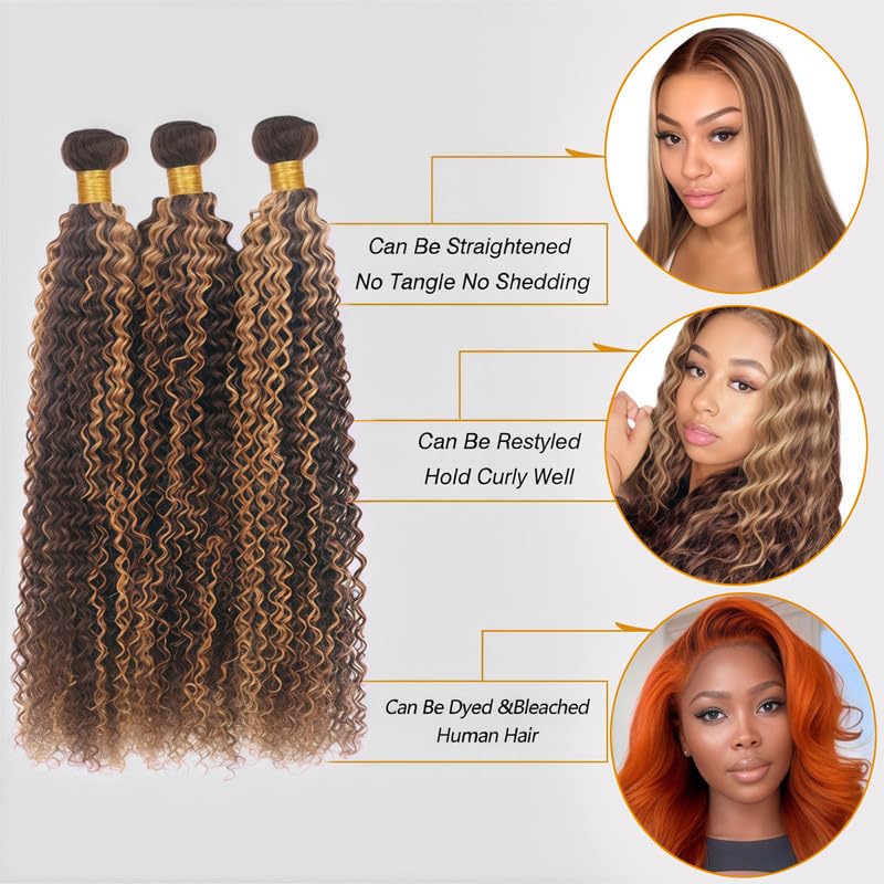 P4/27 Human Hair Curly Bundles 20 22 24 inch 12A Brazilian Virgin Ombre Hair Blonde and Brown Curly Human Hair 3 Bundles for Women P4/27 Color