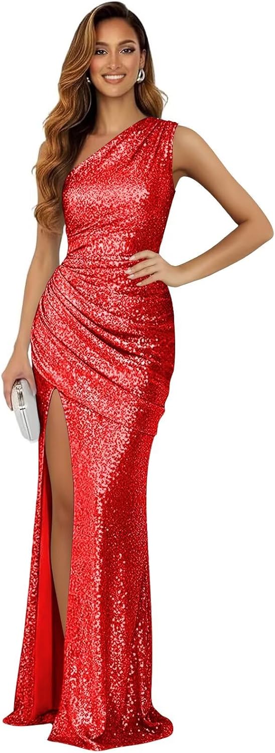 One Shoulder Prom Dresses for Women 2026 Sparkly Sequin Pleated Formal Evening Gowns Size 6