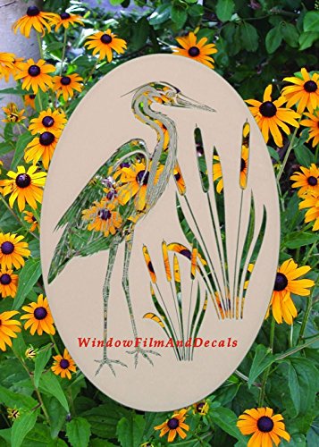 Oval Egret & Cattails Left Etched Window Decal Vinyl Glass Cling - 21" X 33" - White With Clear Design Elements #TOP1