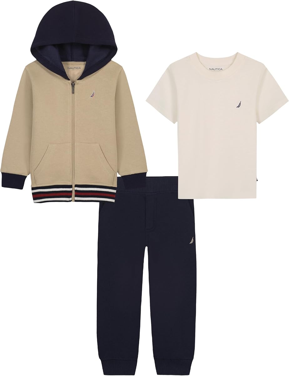 Nautica Conjunto de pantalón de 3 piezas para niño, chaqueta con cremallera completa, camiseta y pantalón deportivo