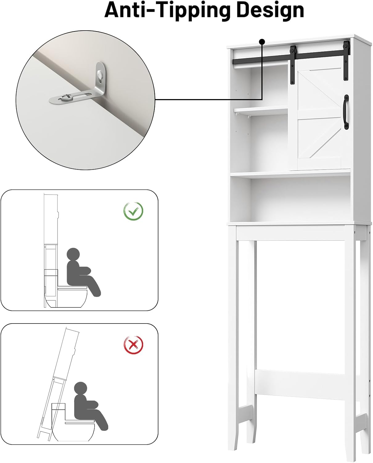 Over The Toilet Storage Cabinet, Bathroom Organizer with Adjustable Shelves and Anti-Tip Device, Space-Saving Storage Solution, White