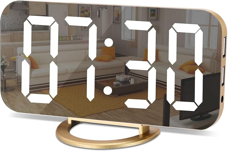 SZELAM Reloj despertador digital, reloj de escritorio LED y espejo, pantalla grande, con puertos de cargador USB duales, 3 niveles de brillo, 12/24 H, reloj electrónico moderno para dormitorio, hogar, sala de estar, oficina, color dorado