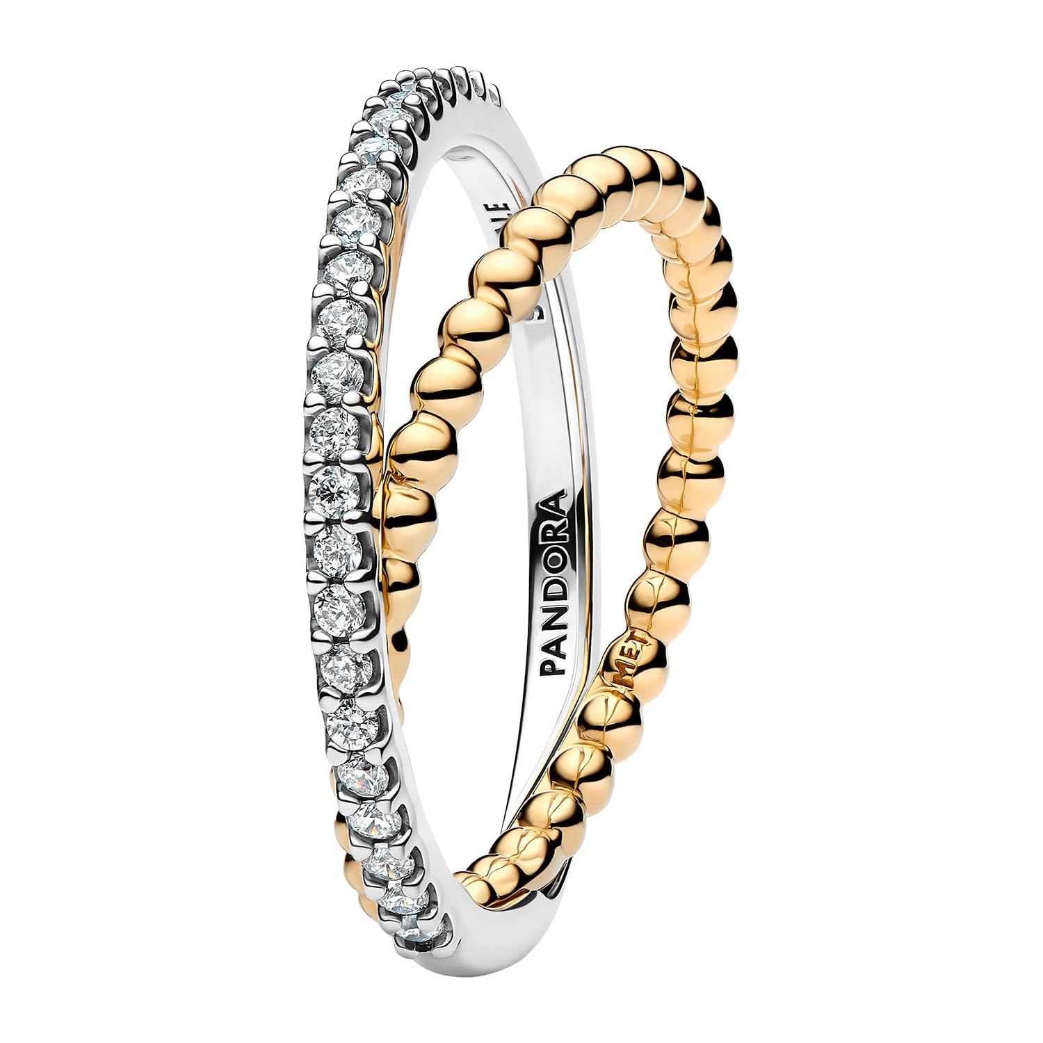 PANDORA Crossover Doppelring aus Sterling-Silber mit 14 Karat Vergoldung und Zirkonia Pavé, zweifarbig, 164827C01