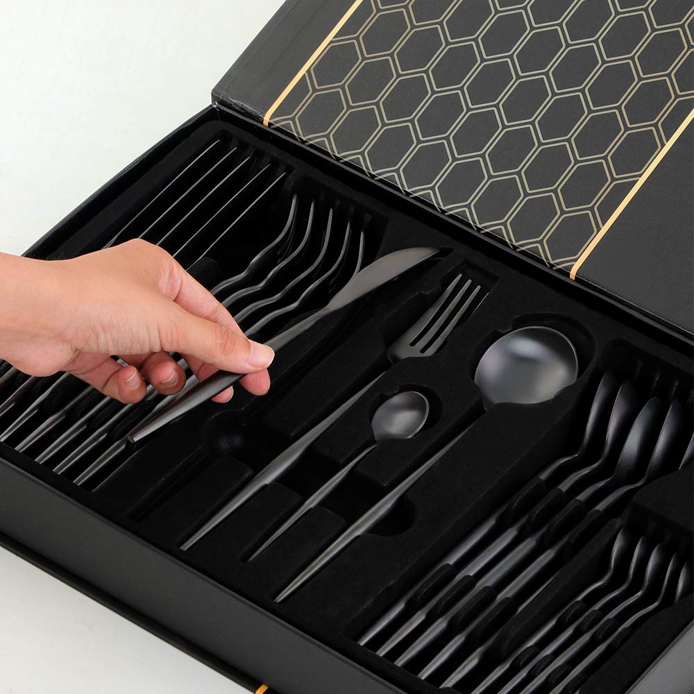 Juego de cubiertos YDware, 24 piezas de acero inoxidable, cubertería para 4, vajilla negra con caja de regalo, acabado mate