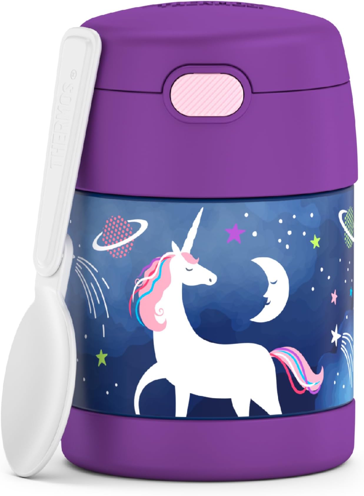 FUNTAINER Insulated Food Jar, 10 Ounce, Kid Friendly Food Jar with Foldable Spoon, Space Unicorn