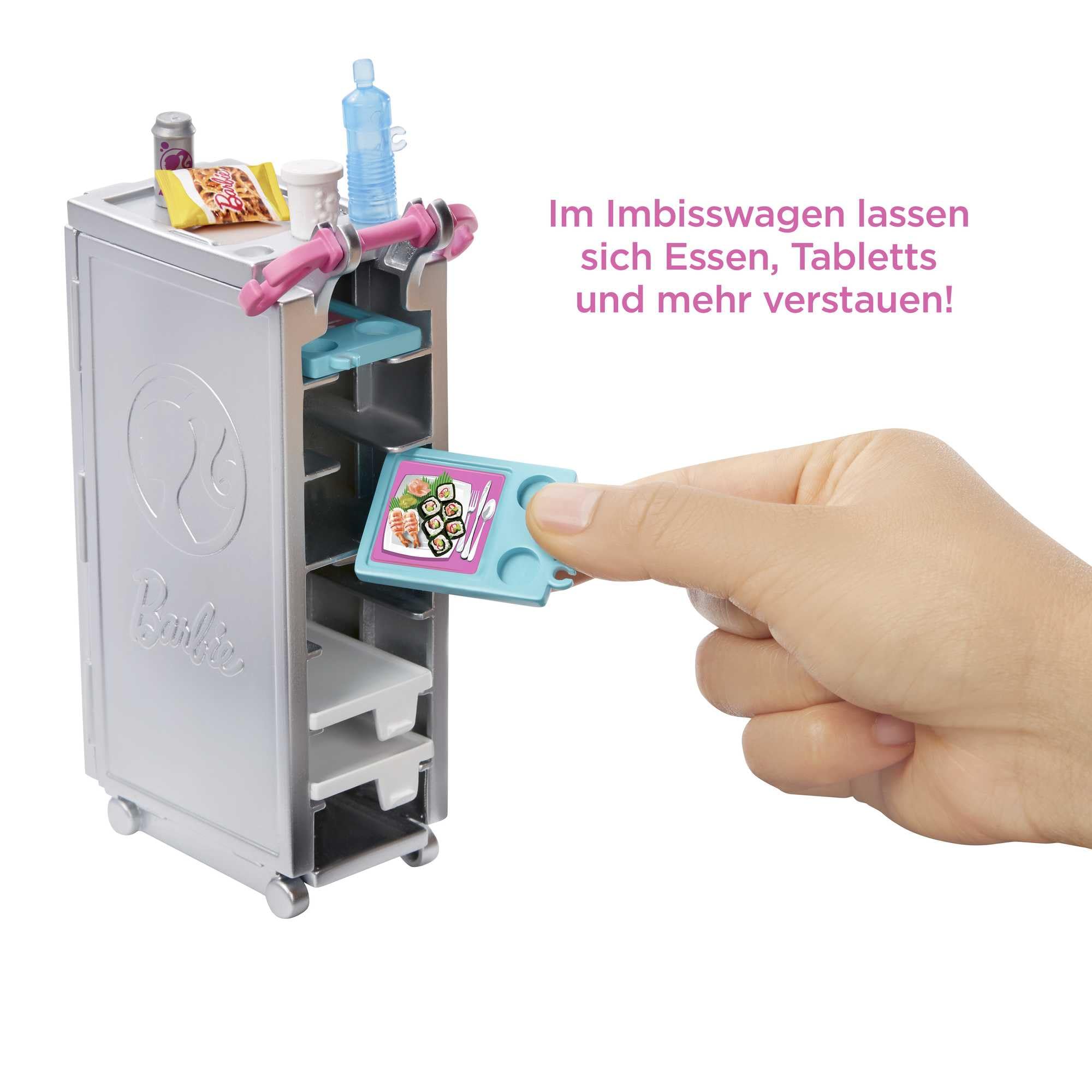 Barbie Flugzeug mit Pilotin Puppe, mit beweglichen Räder und 15x Zubehör inkl. Haustier und Trolley, in rosa, Spielzeug ab 3 Jahre, GJB33