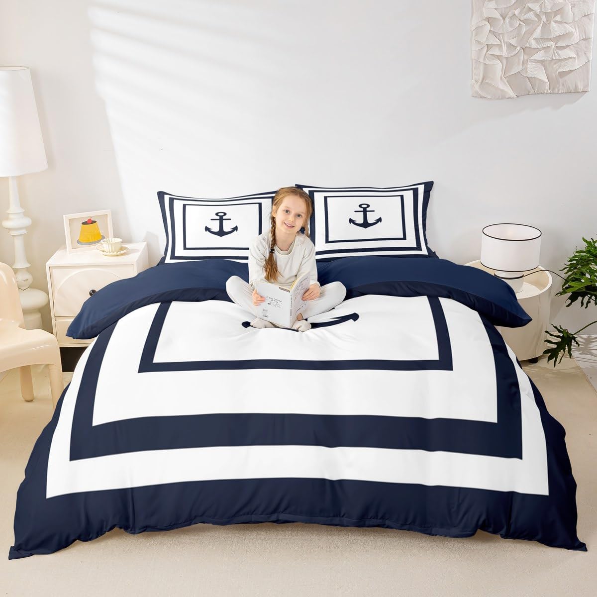 Nautical Anchor Duvet Cover Queen,Geometric Abstract Line Bedding Set 3pcs for Kids Teens Boys Adult Room Decor,Nautical Adventure Comforter Cover White Microfiber Quilt Cover with 2 Pillowcases