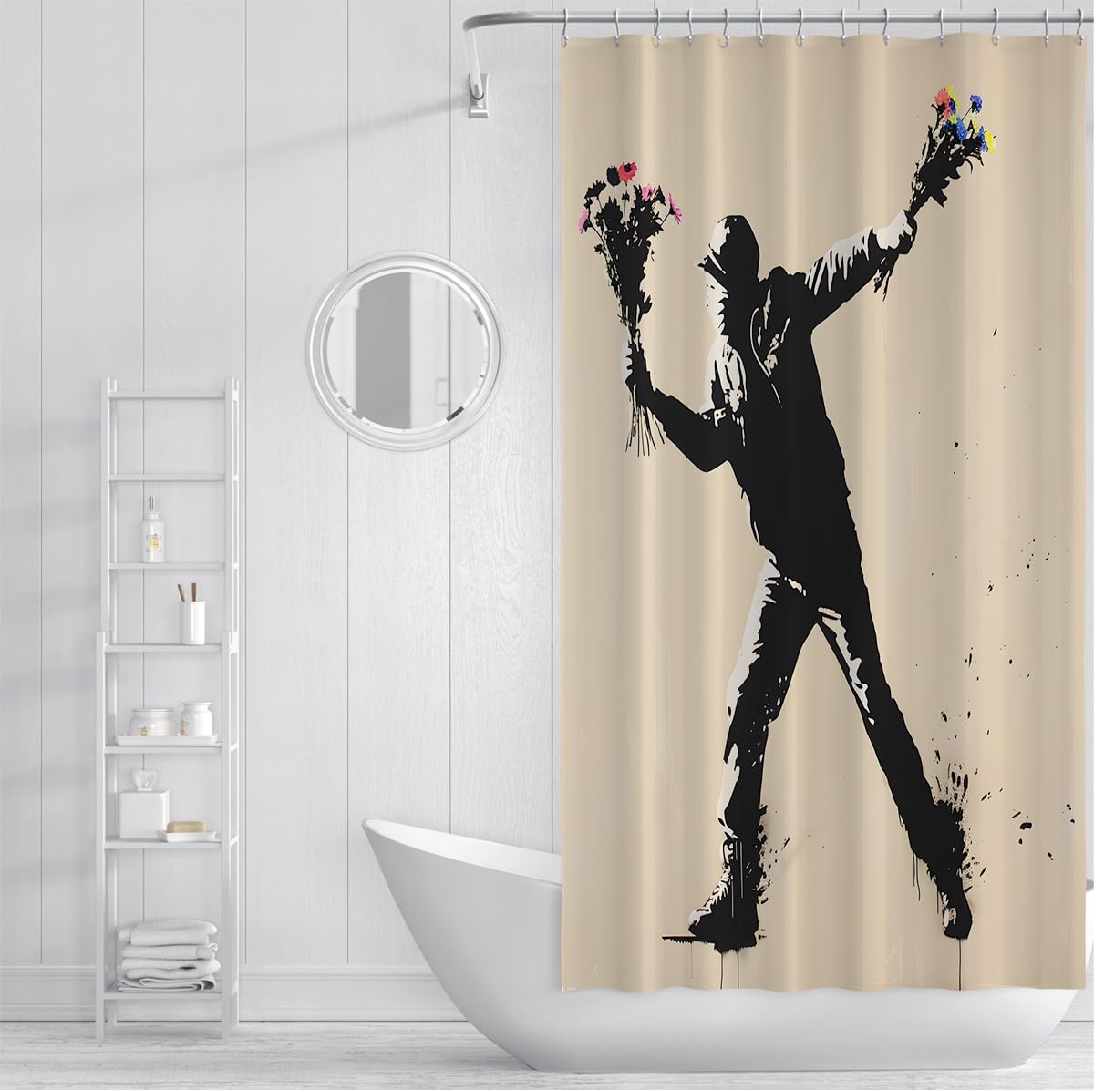 Urban Street Art, Duschvorhang, Mann wirft Blumen, Silhouetten-Illustration, neutraler Tan Creme Stoff, Badezimmervorhang wasserdicht 200 x 240 cm