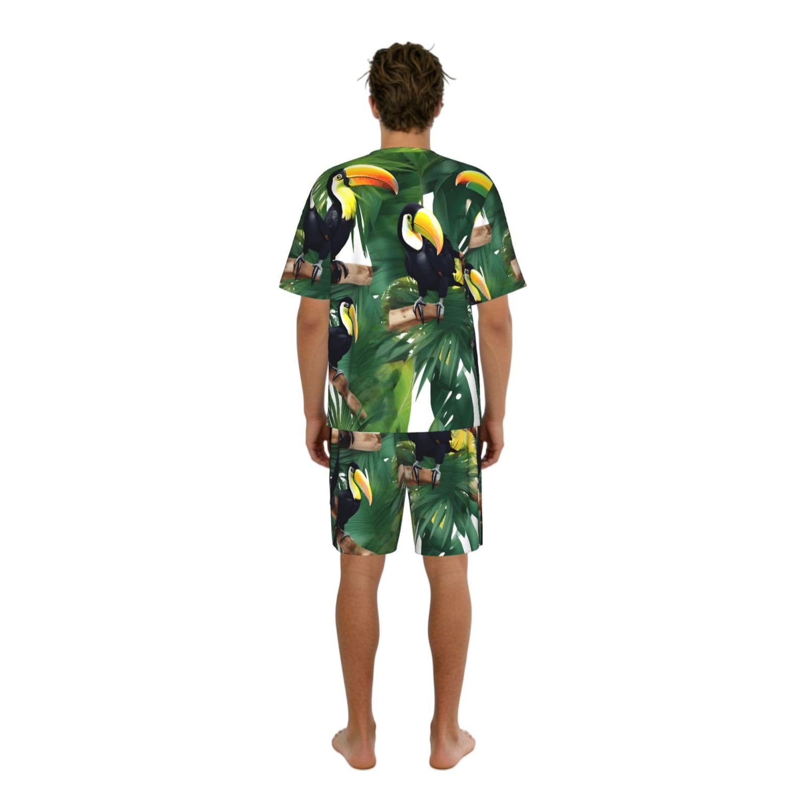 Conjunto de pijama clásico para hombre con estampado de hojas de loro, palmera, tucanes, pantalones cortos de pijama suaves para hombre, perfecto para las noches de verano