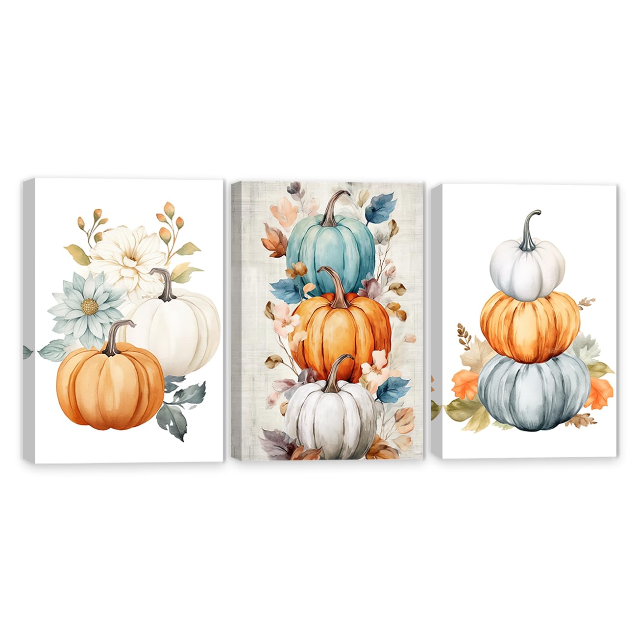QIXIANG Pumpkin Canvas Wall Art 3 Pcs Farmhouse Fall Pictures Autumn Harvest Paintings Thanksgiving Themed Decor Artwork Frame (Pumpkin 3, 12.00" x
