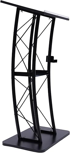 Miniatura 5 de Soporte para podio, atril curvo negro con estante de almacenamiento, atril de 47 pulgadas de alto, púlpito de hierro negro, soporte de anfitriona de