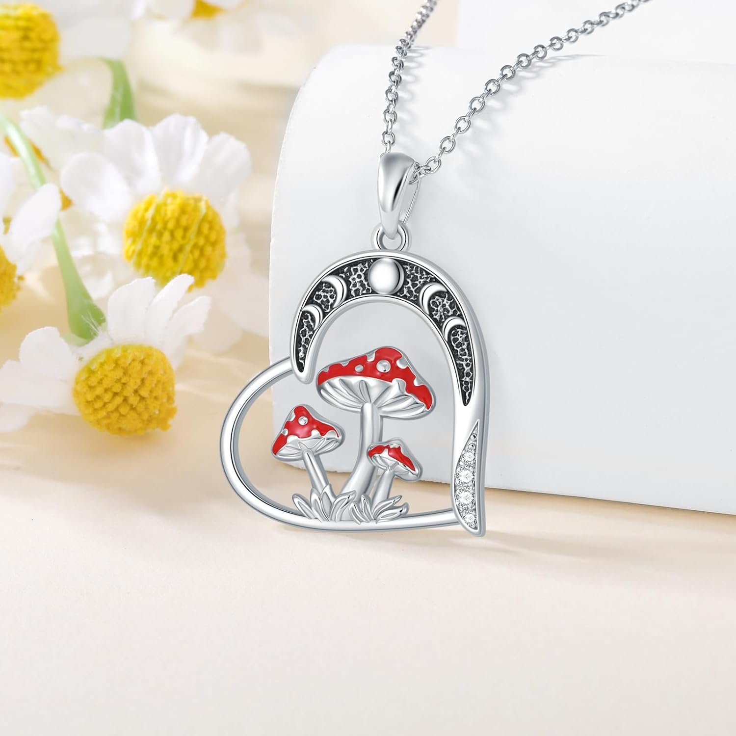 Mushroom Necklace for Women 925 Sterling Silver Magical Red Mushroom Heart Pendant Necklace Birthday Jewelry Gifts for Women - Image 2