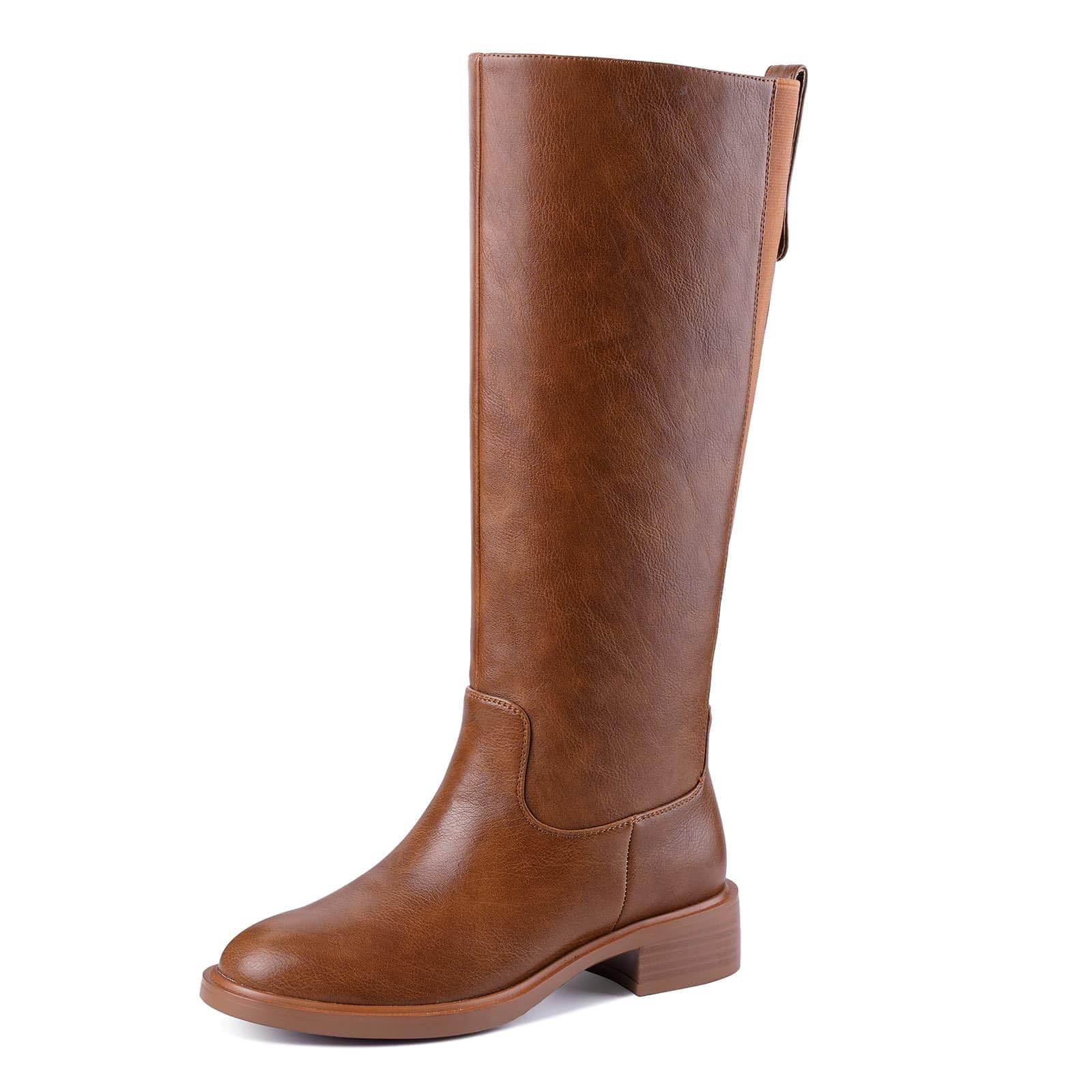 Brown Knee High Boots Round Toe Wide Calf Chunky Low Heel Pull On Riding Long Boots Comfortable Tall