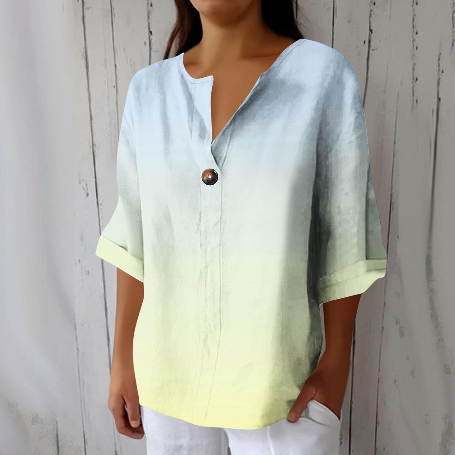 3/4 Length Sleeve Womens Tops Cotton Linen V Neck T Shirts Summer Beach Casual Boho Three Quarter Sleeve Top