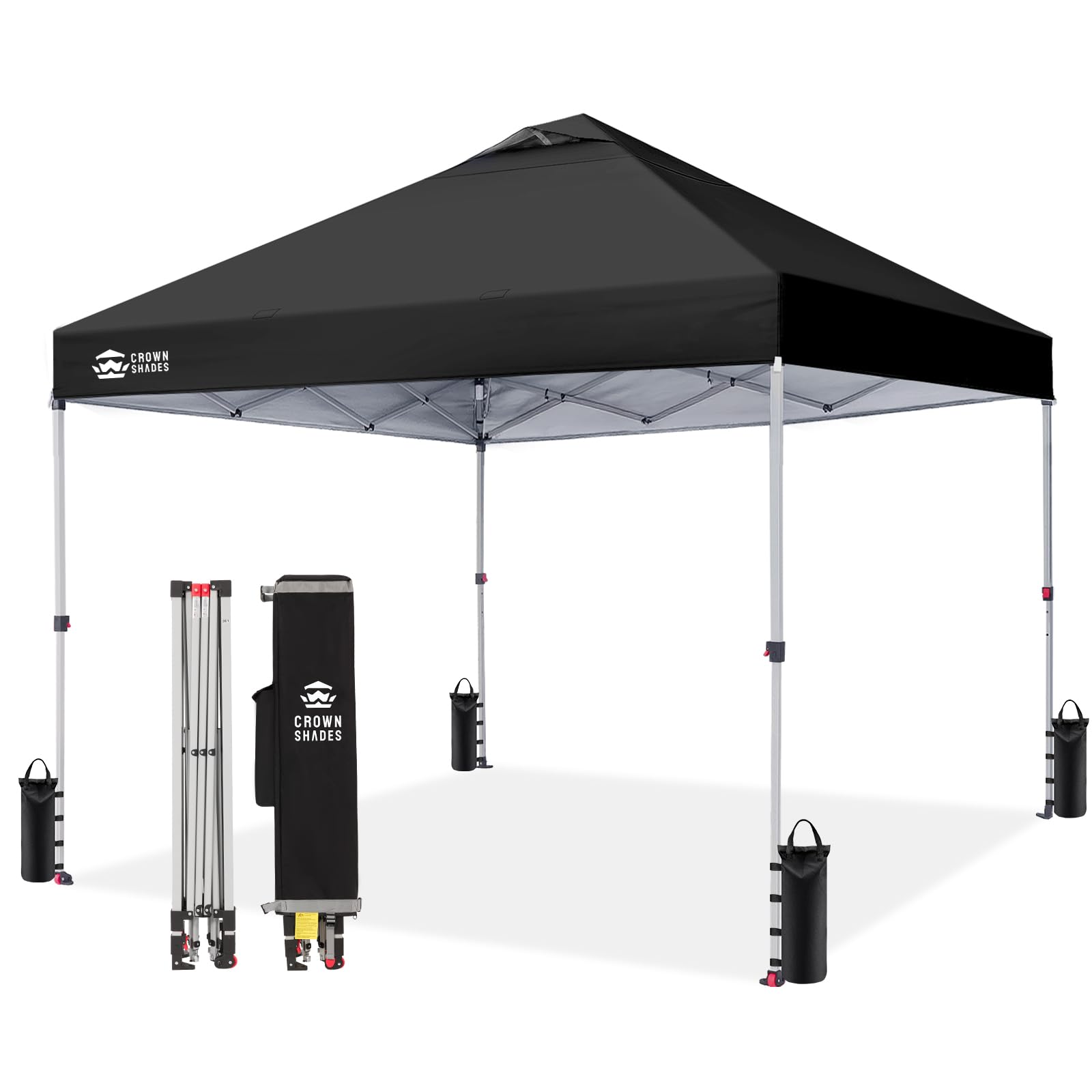 CROWN SHADES 10x10 Pop Up Canopy - Beach Tent with One Push Setup - Easy Outdoor Sun Shade for Events, Parties, Camping - Gazebo with STO-N-Go Cover Bag, Silver Coated Top, Black