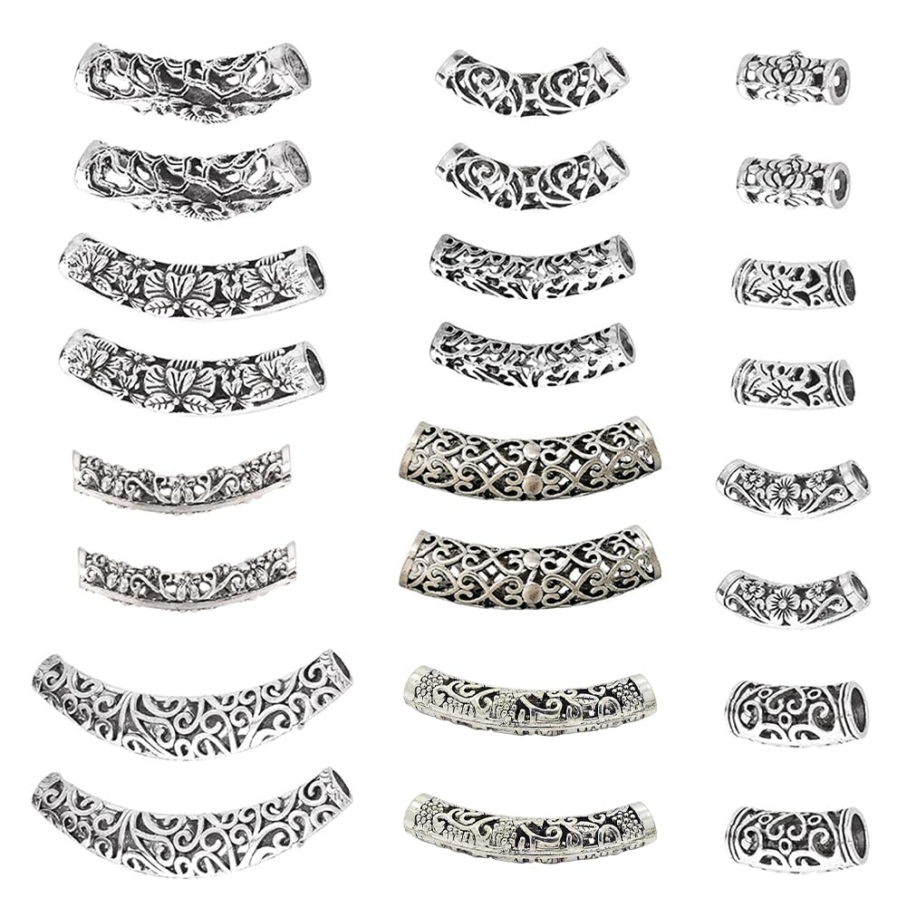 Perles de tube incurvées en alliage argent antique et longs maillons de suspension rétro
