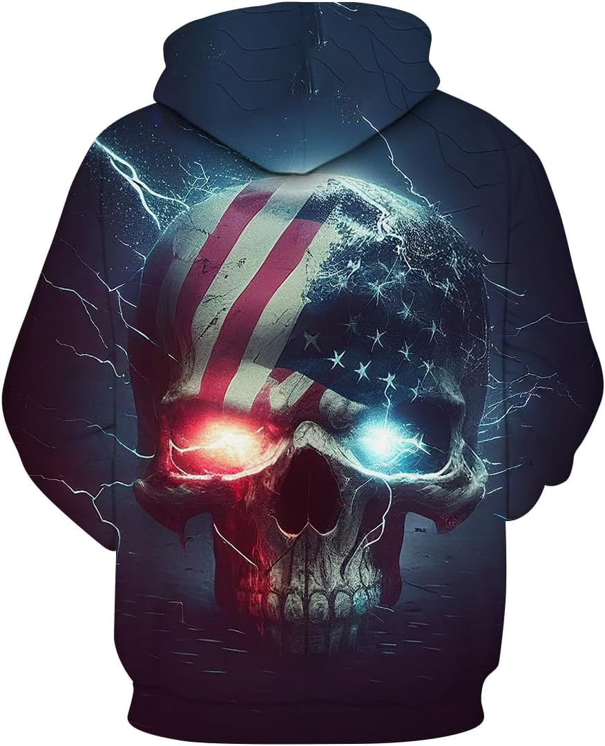LAOLIUSN Men's Lightning Skull Hoodie Patriotic Theme Sweatshirt American Flag Graphic Pullover - Image 2