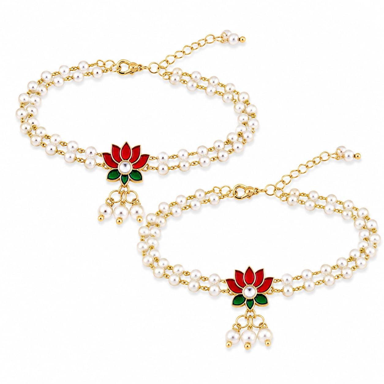 Pearl Double Strand Anklet with Lotus Enamel Charm, Set of 2-picture-35