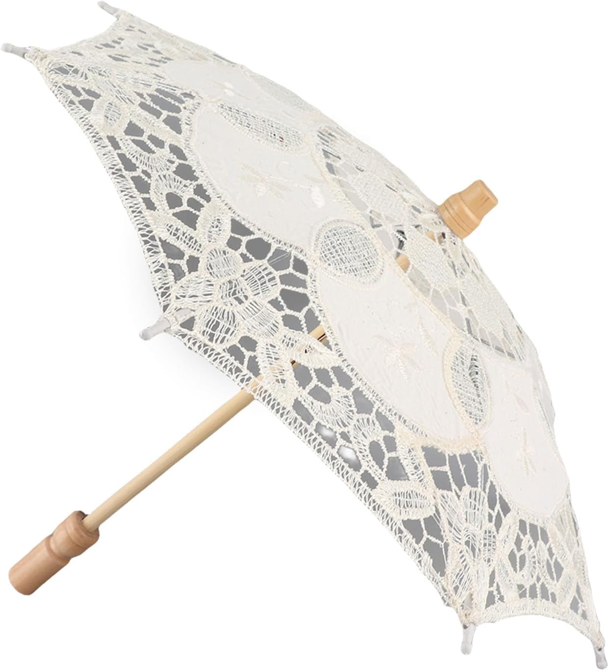 Wnvivi Ombrello da Sposa in Pizzo,Ombrello da Sposa con Manico in Legno,Elegante Ombrello Parasole in Pizzo Bianco per Decorazioni per Feste di Matrimonio( Bianco-S