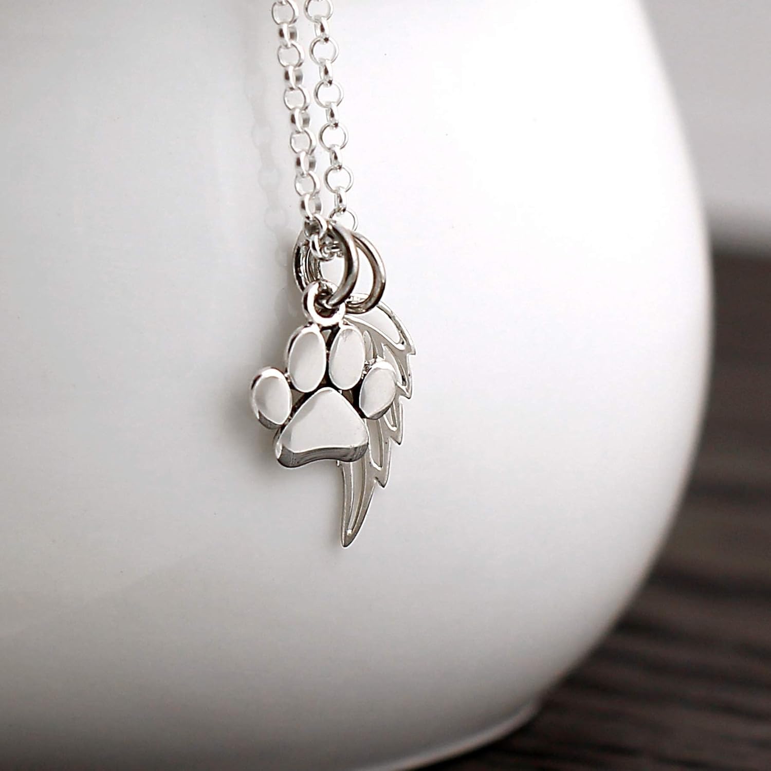 A Charmed Impression Sterling Silver Paw & Angel Wing Necklace - Pet Loss Memorial Gift