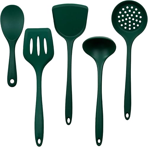 Juego de utensilios de cocina de silicona, herramienta de cocina no pegajosa, espátula, pala, sopa, utensilios de cocina, juego de 5 piezas, verde