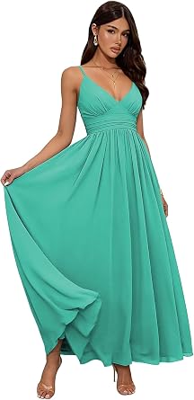 V Neck Chiffon Bridesmaid Dresses Spaghetti Straps Formal Evening Dresses TQ031