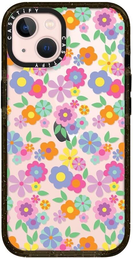 CASETiFY Impact iPhone 13 Case [6.6ft Drop Protection] - Cheerful 1960s Floral Bedsheet Wallpaper - Clear Black