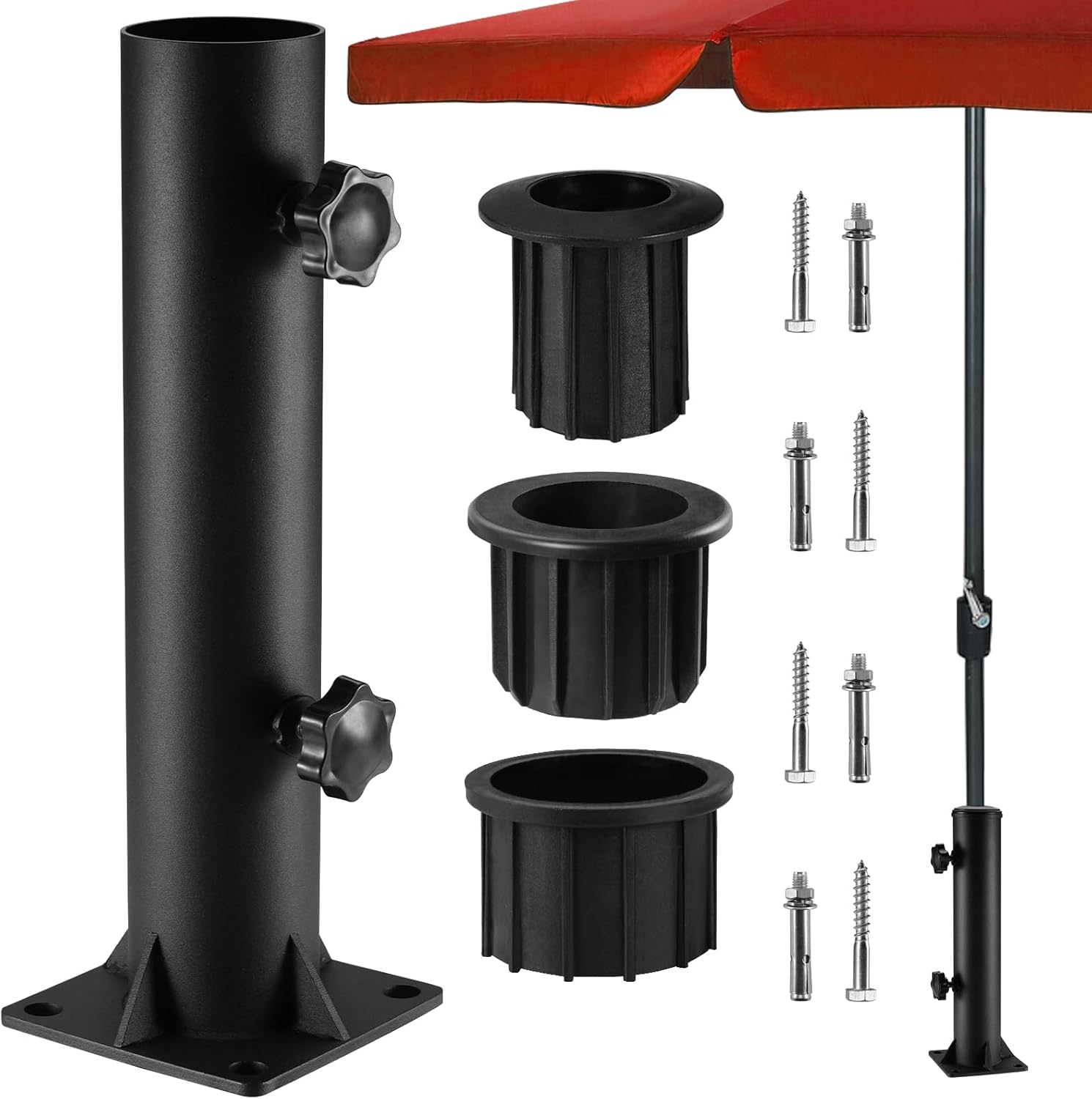 Patio Umbrella Stand Base - Enhanced Deck Umbrella Mount Outdoor, in Wood Ground Flag Pole Holder, Adjustable Patio Table Umbrella Stand Outside for Garden Backyard Balcony Poolside (A:Black)