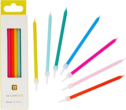 Talking Tables 16 x Colourful Birthday Candles with Holders   Rainbow Tall Party Cake Decorations, Birthday Candles Cake Toppers for Parties, Kids & Grown-ups, 10cm Size