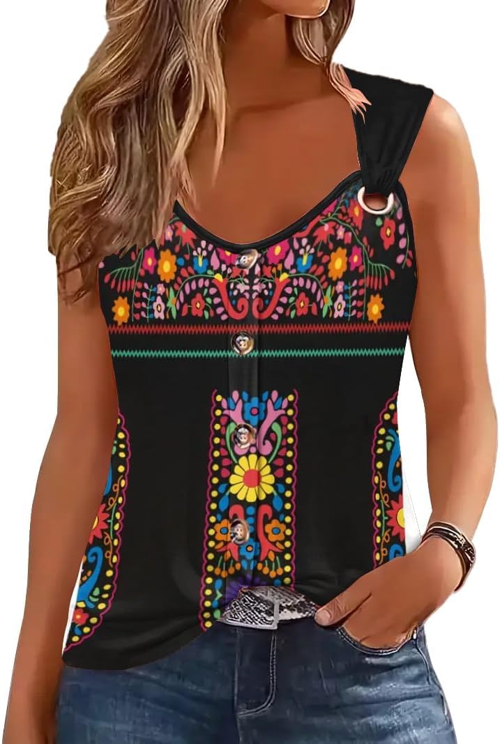Womens Summer Tops Scoop Neck O Ring Shoulder Tank Tops Casual Sleeveless Button Front T Shirt Blouse
