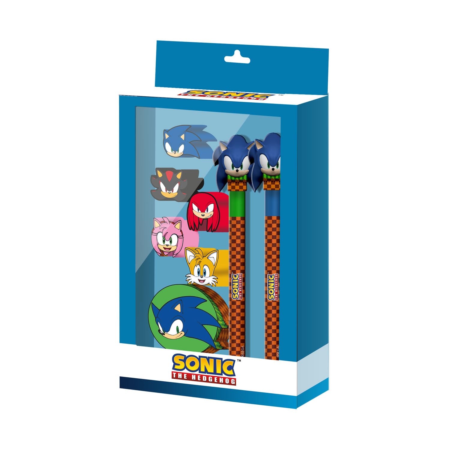 Karactermania Sonic The Hedgehog Greenhill Sonic-Pack of Erasable Gel Pen + Eternal Pencil + 5 Erasers + Sharpener, Blue, 14 x 23 cm
