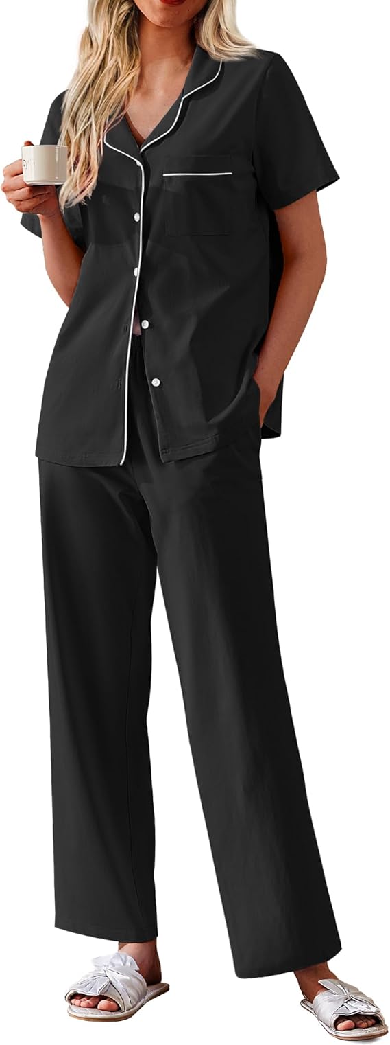 Ekouaer Women's 100% Cotton Pajamas Set Short Sleeve Button Down Pjs 2 Piece Soft Sleepwear with Long Pants Lounge Set