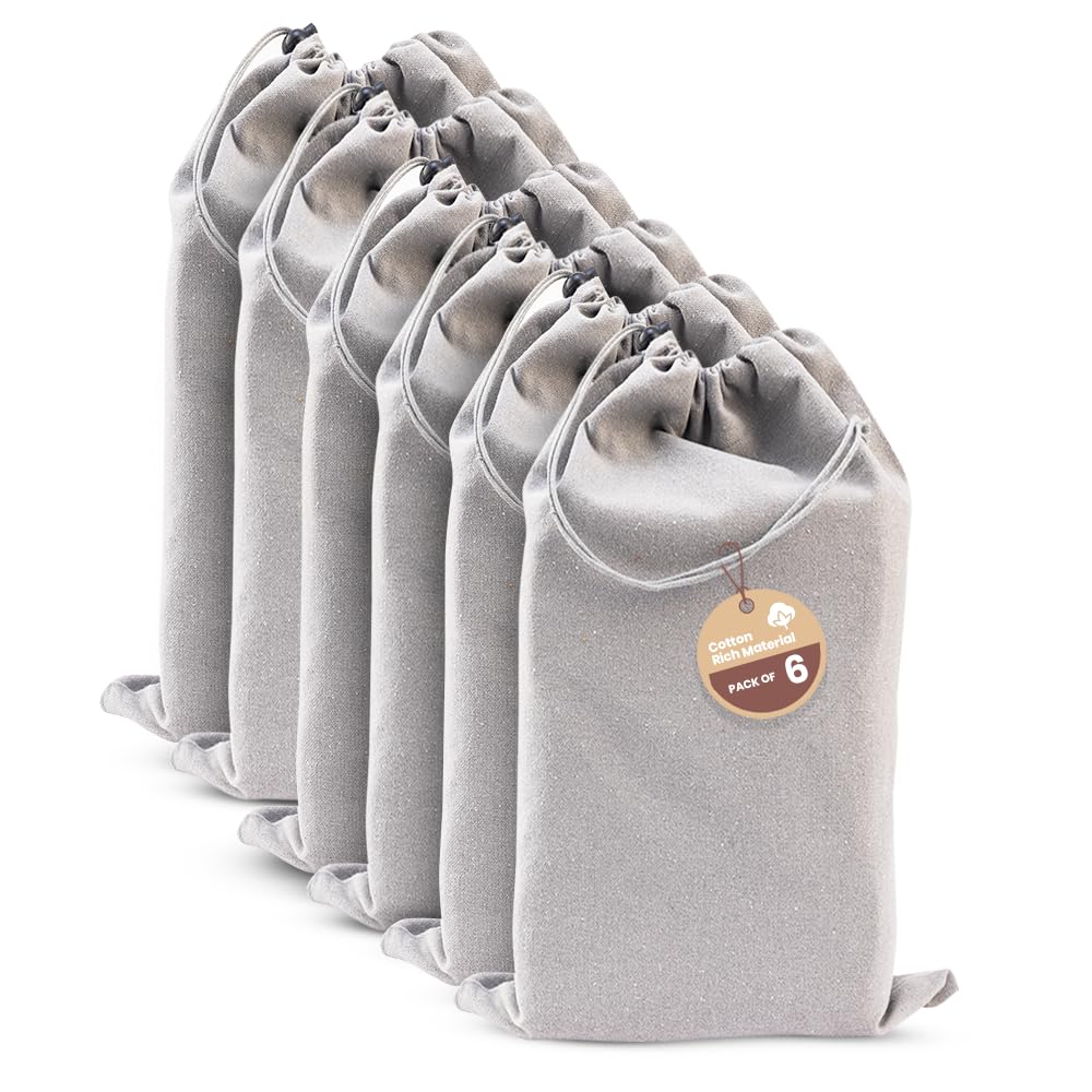 LFH Cotton Rich Shoe Storage Bags with Drawstring, Dustproof Breathable Reusable Organizer, Perfect For Travel, Dorm, Hotel, College, Gym, Easy to Carry, Machine Washable 12"x17" (Pack of 6) - Grey