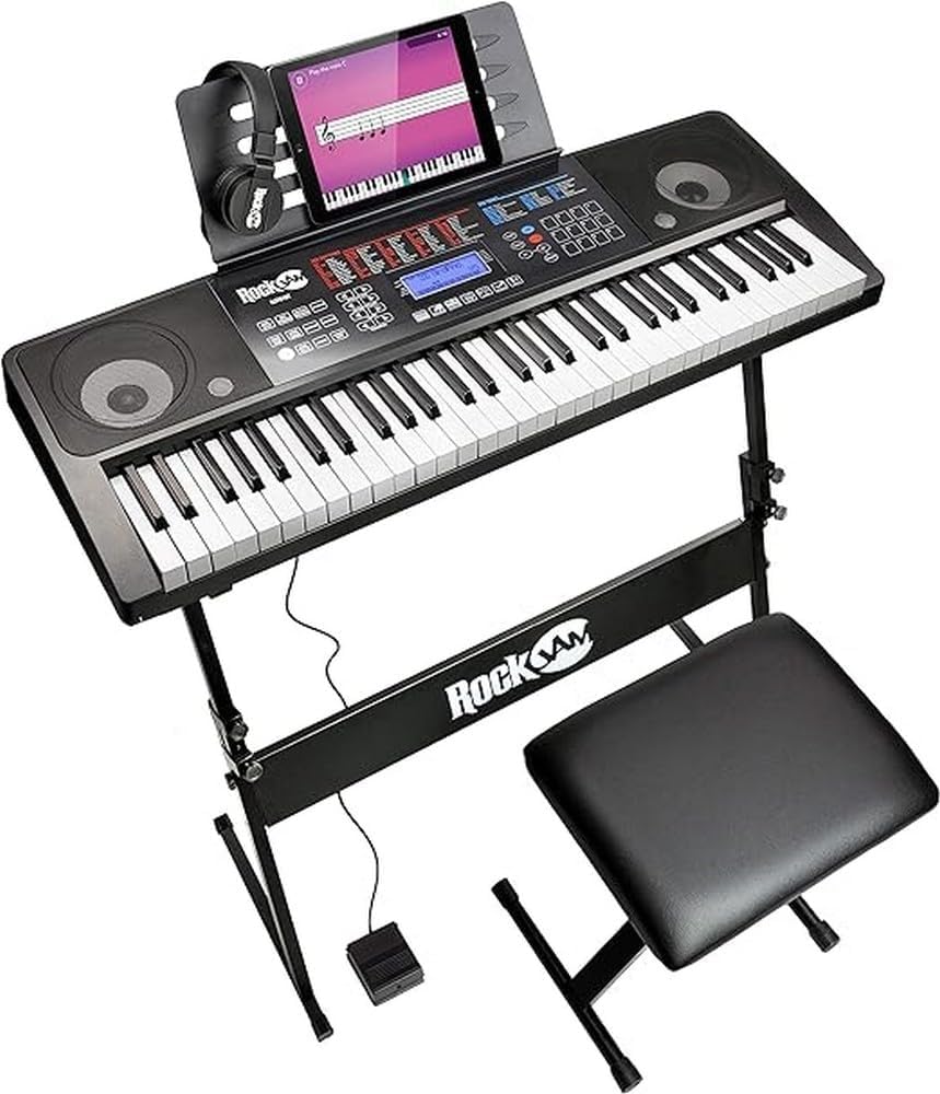RockJam 61 Tastiera Kit Pianoforte 61 Tasti Cuffie Basamento Tastiera Panchina Piano Tastiera Digitale Sostenere Pedale & Microfono Karaoke Dinamico Unidirezionale Cablato Con Cavo Di Tre Metri