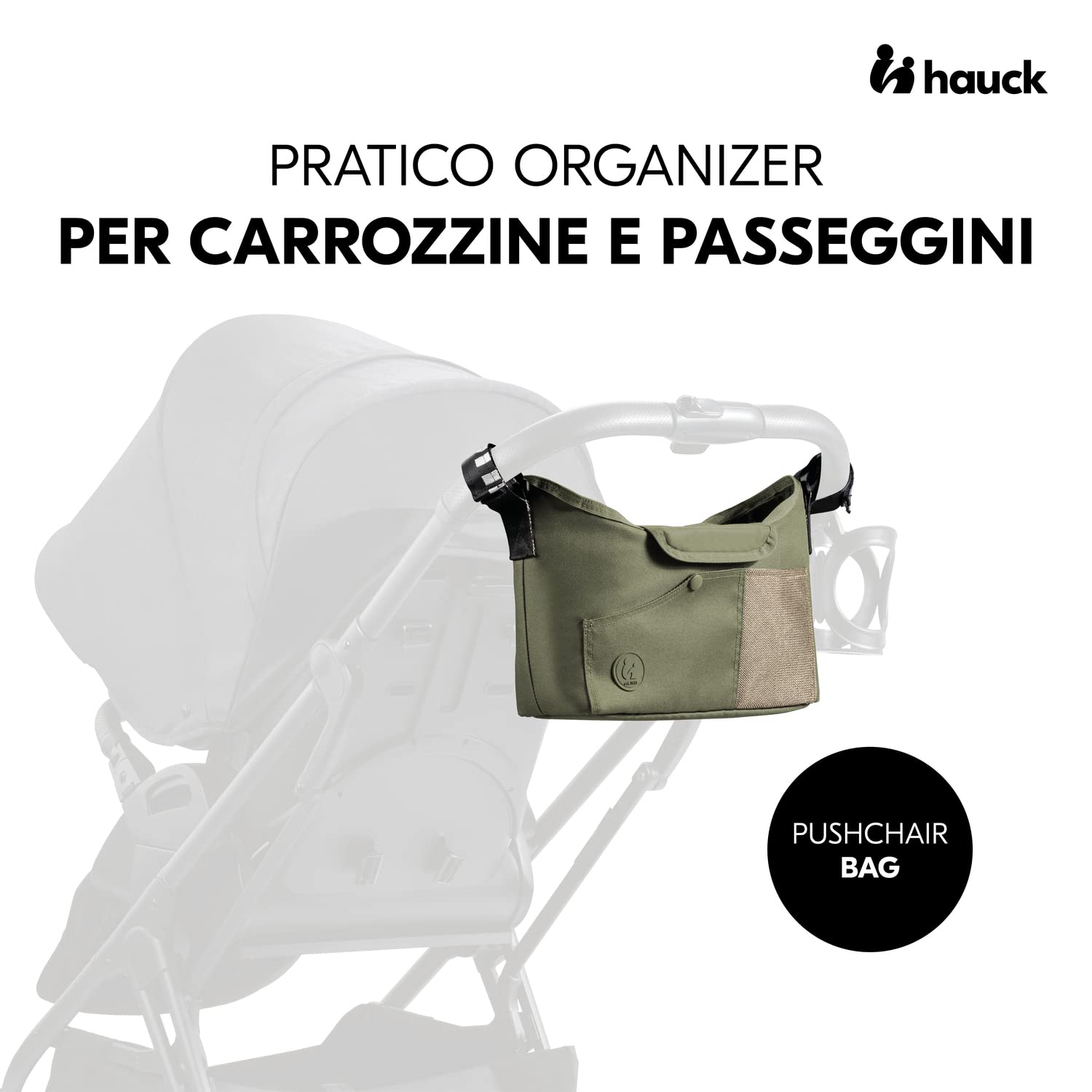 hauck Borsa Passeggino e Carrozzina, Verde Oliva - 35 x 10 x 22 cm - Borsone Portaoggetti con Portabibite di Facile Presa e Tasca in Rete - Chiusura a Strappo per Fissaggio al Manubrio