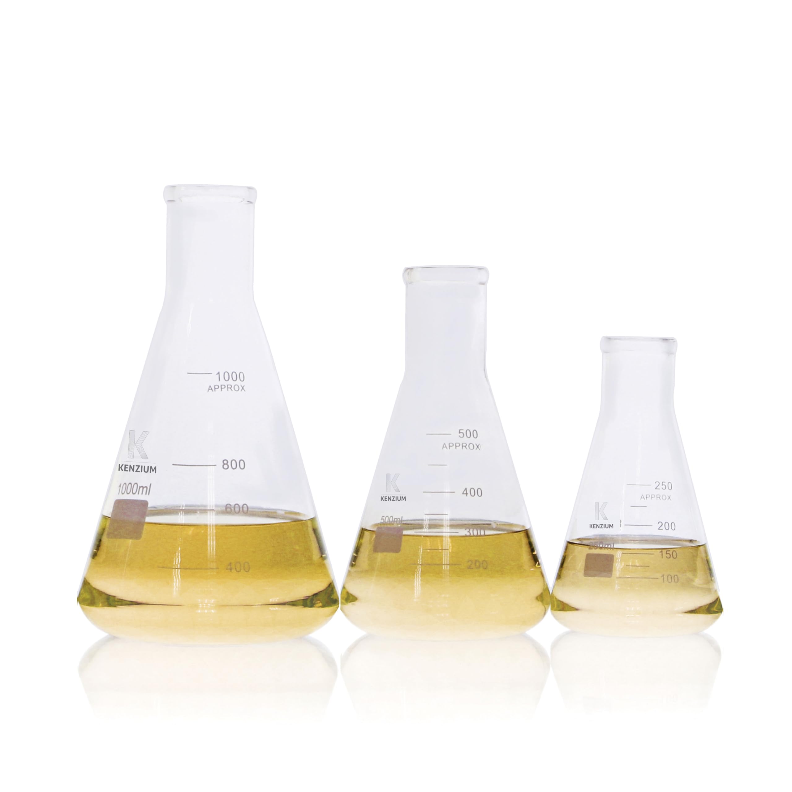 KENZIUM - Pack 3 x Beuta Erlenmeyer | Formati: 250, 500 e 1000 ml | Vetro Borosilicato 3.3 | Graduazione Stampata | Collo Stretto | Ideale Laboratorio, Scuola