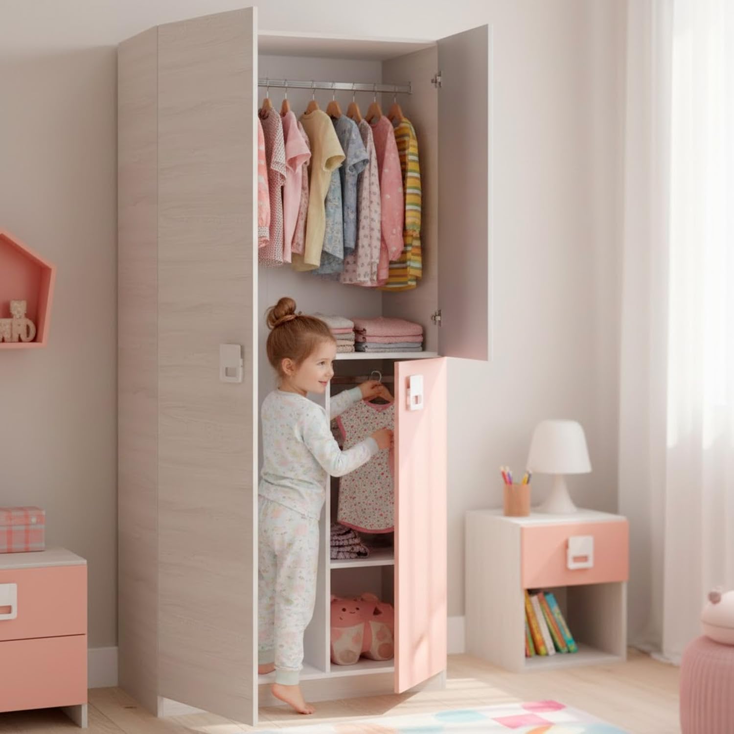 Bricozone Armadio Cameretta Ragazzi 3 Ante 200x90x52 Cm Con Barra Appendiabiti In Alluminio E 3 Ripiani Interni Bianco Alpi Grigio E Rosa Design Moderno Salvaspazio Con Maniglie ABS