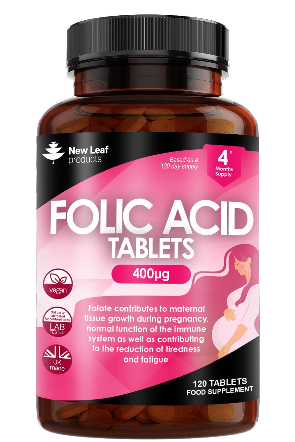 Folic Acid Pregnancy Tablets High Strength Folate Vitamins - 120 Tablets Folic Acid Vegan Prenatal Vitamins for Women 400mcg, Vitamin B9 Prenatal - Pregnancy Supplements - UK Made