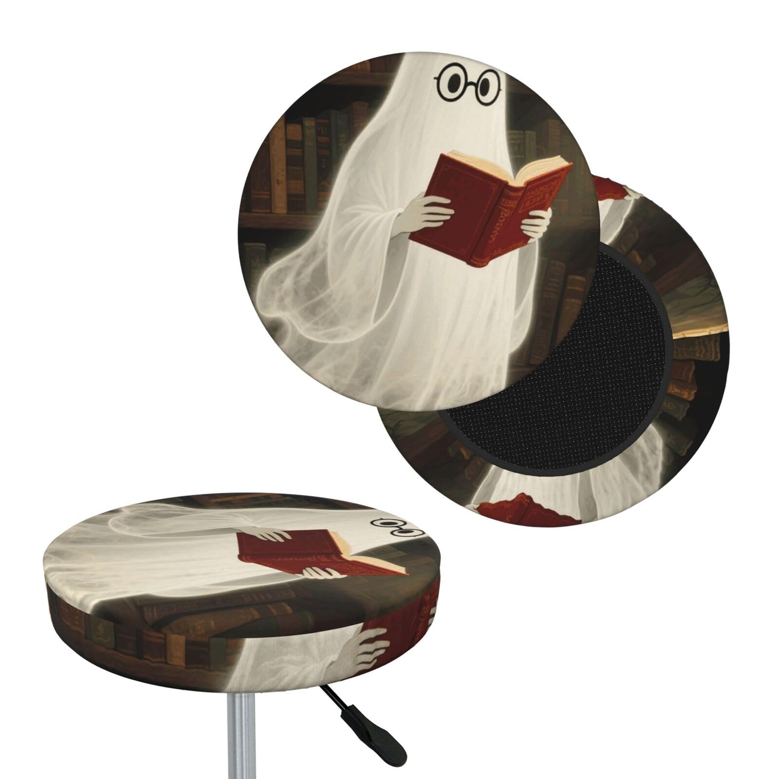 FekiLoot Halloween Spooky Ghost Reading Books Round Bar Stool Covers Stretch Washable Bar Stool Covers Dustproof Slipcover Bar Chair Covers with Elastic Band for Bar Kitchen Living Room Decor 12 Inch