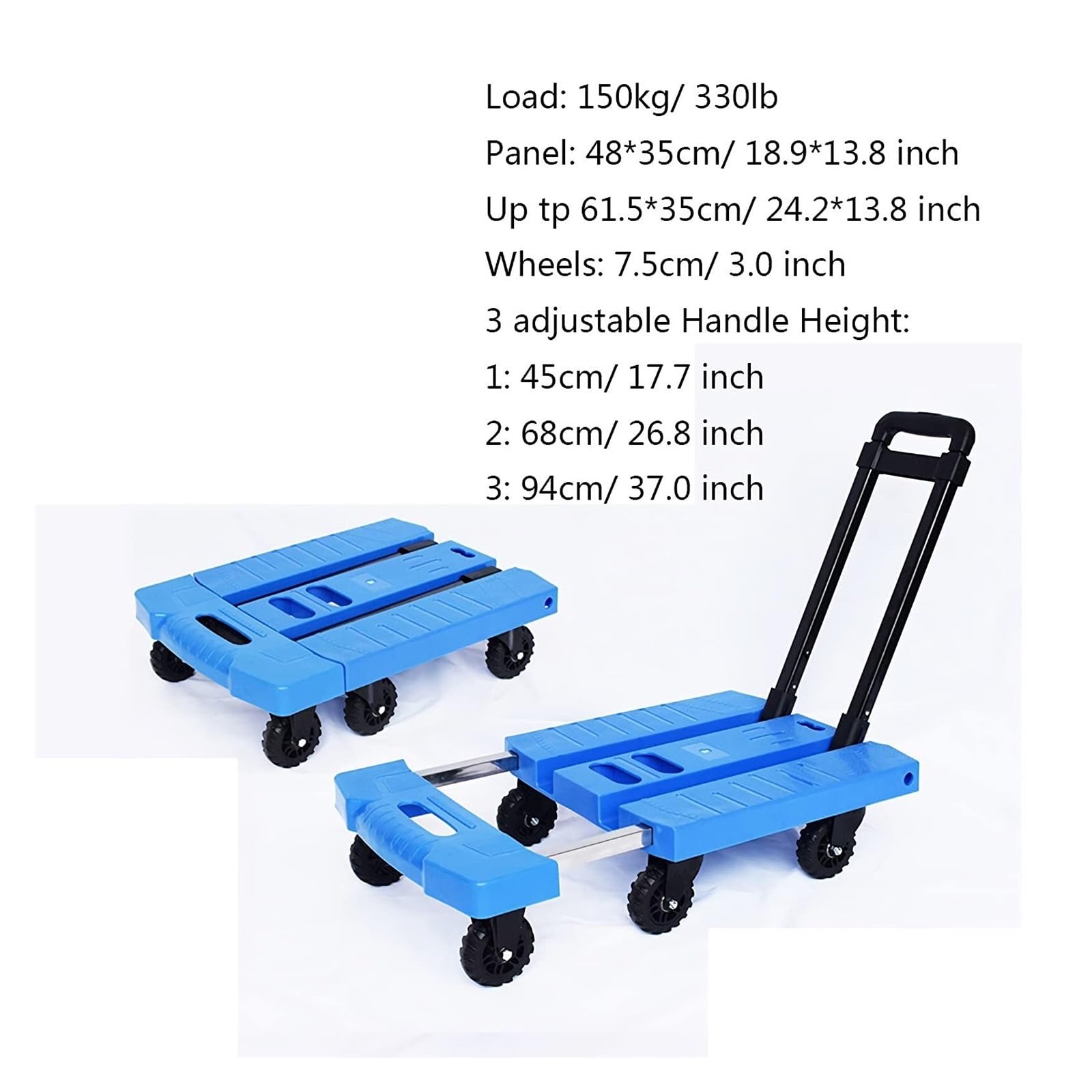 Carrello a mano a pianale – Carrello a 6 ruote con manico espandibile, capacità 150 kg per casa, ufficio, viaggi e traslochi