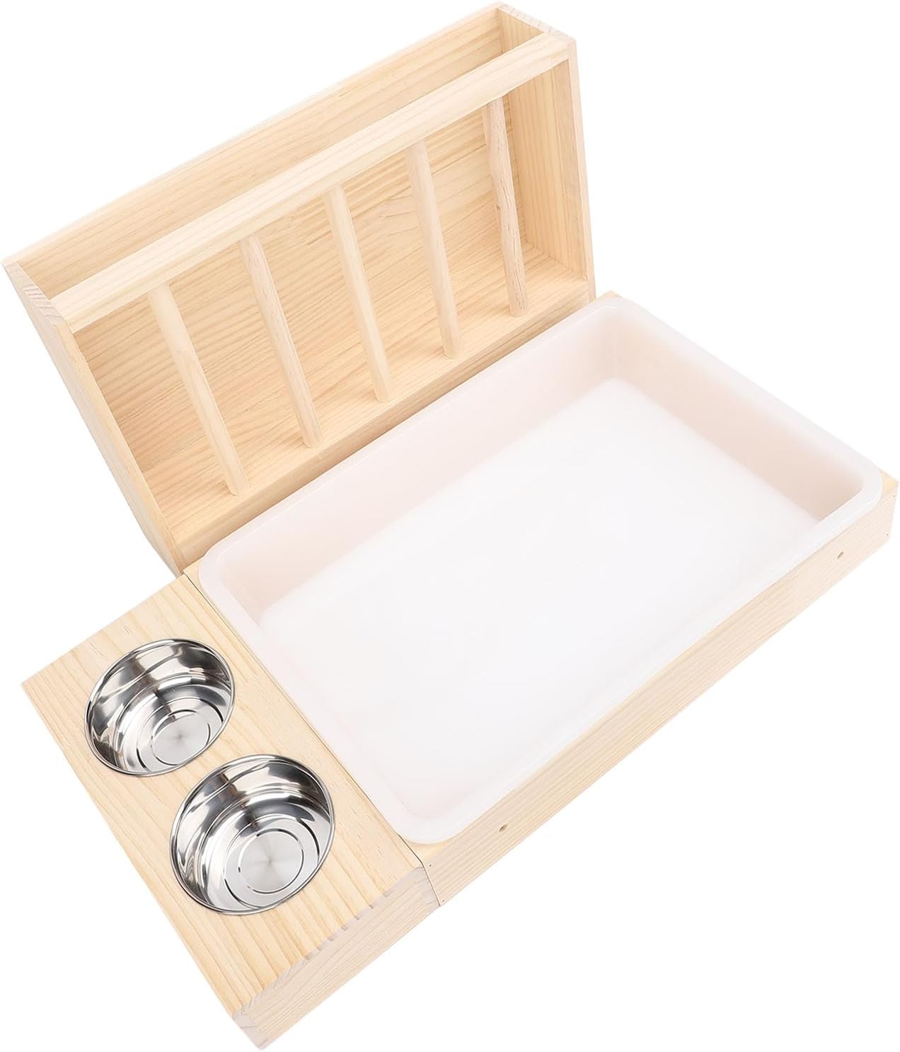 Feeder, Wooden Litter Box with 2 Stainless Steel Bowls for Small Animals Chinchillas Hamster Guinea Pig Bunny Feeding Manger