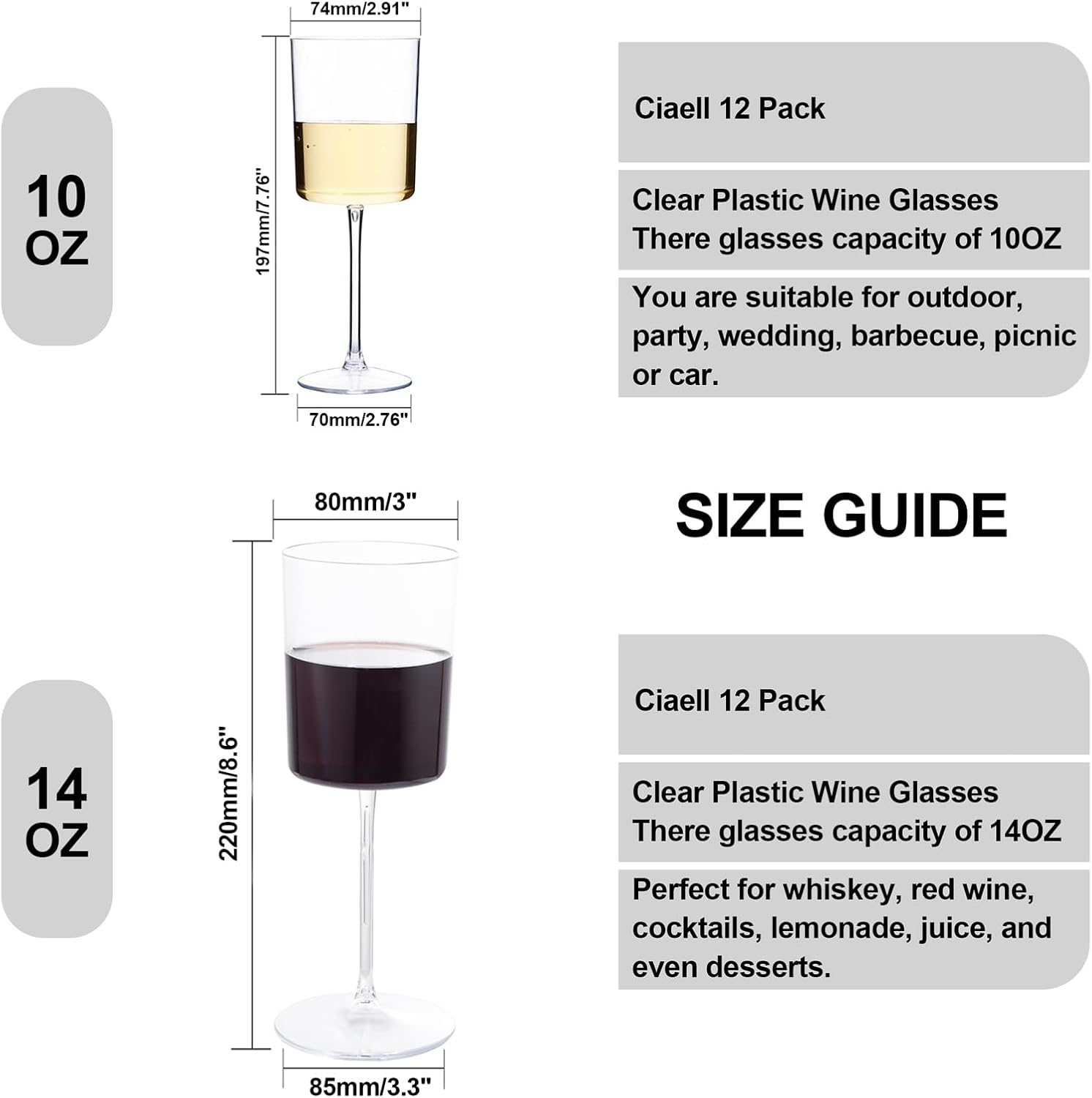 Ciaell 12 Pack Clear Plastic Wine Glasses - 14Oz Hot Pink Plastic Wine Glasses With Stem - For Parties & Weddings & Outdoors