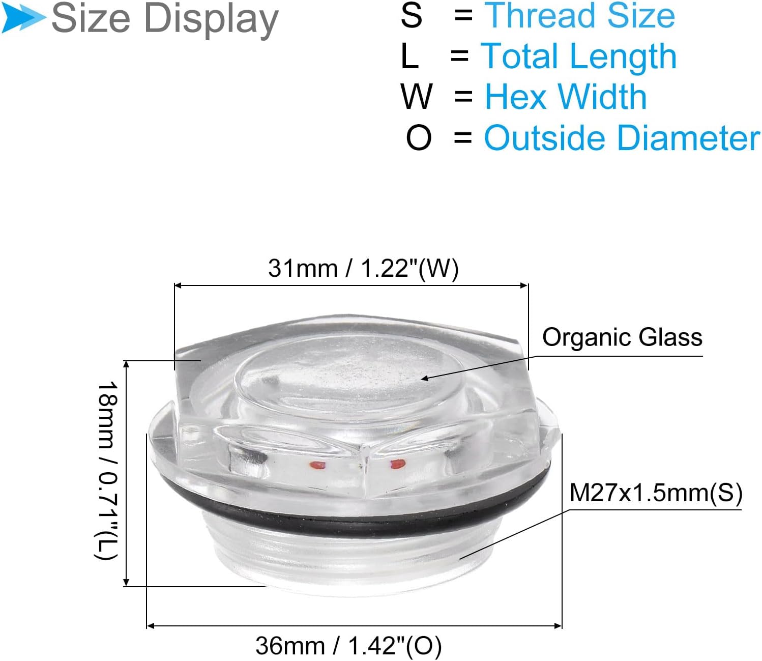 Air Compressor Oil Sight Glass, | M27x1.5mm Male Thread | Hex Head Oil Liquid Level Indicator Glass Window - (Applications: for Gearbox Fittings), 1-Piece
