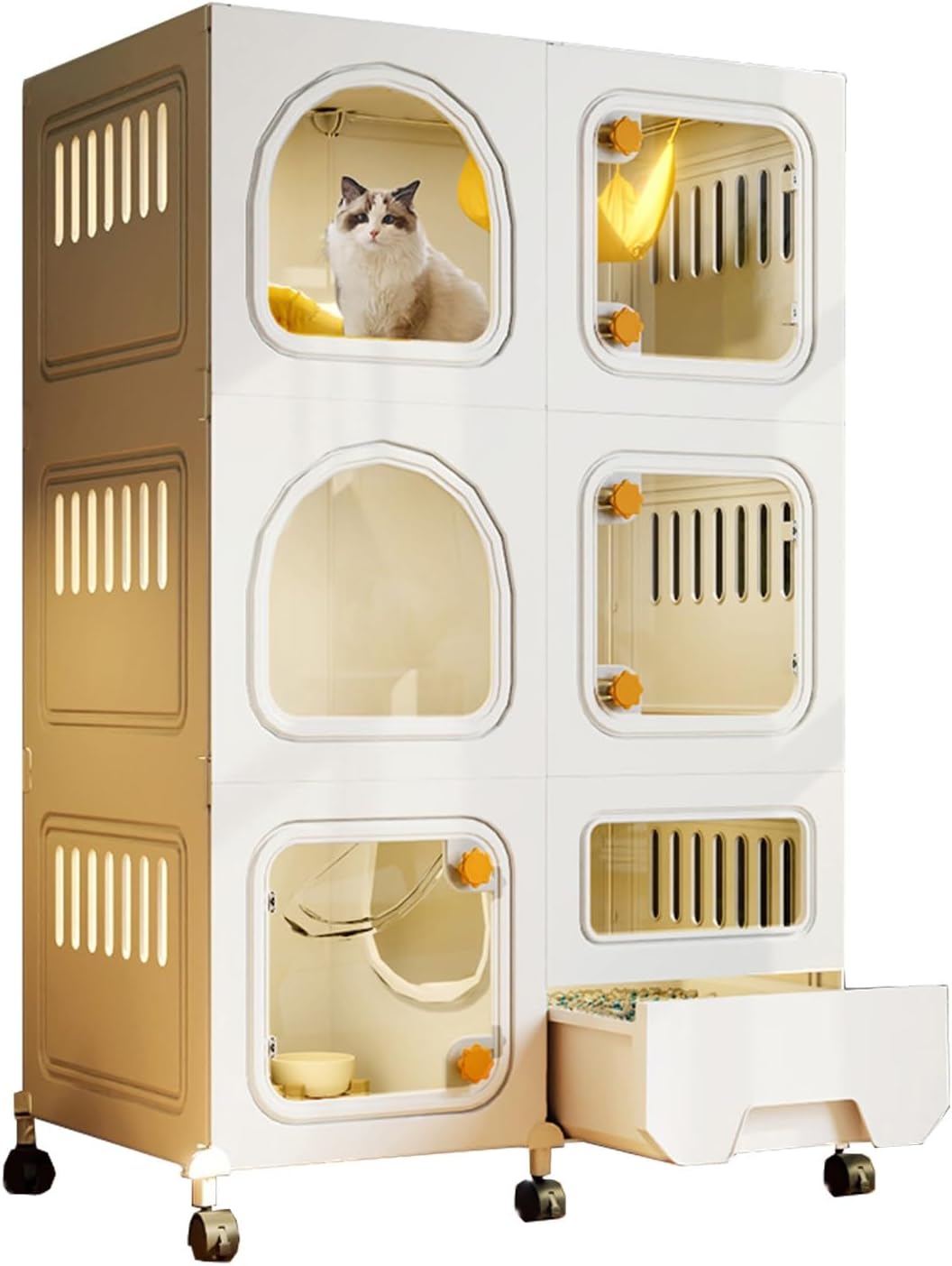Cat cage, Integrated Cat Playpen with litter box, Double-sided breathable belt Moving Wheels, 2/3-layer pet fence, Easy to install, Universal cat cage for all seasons(27.9x43.3/71x110cm)
