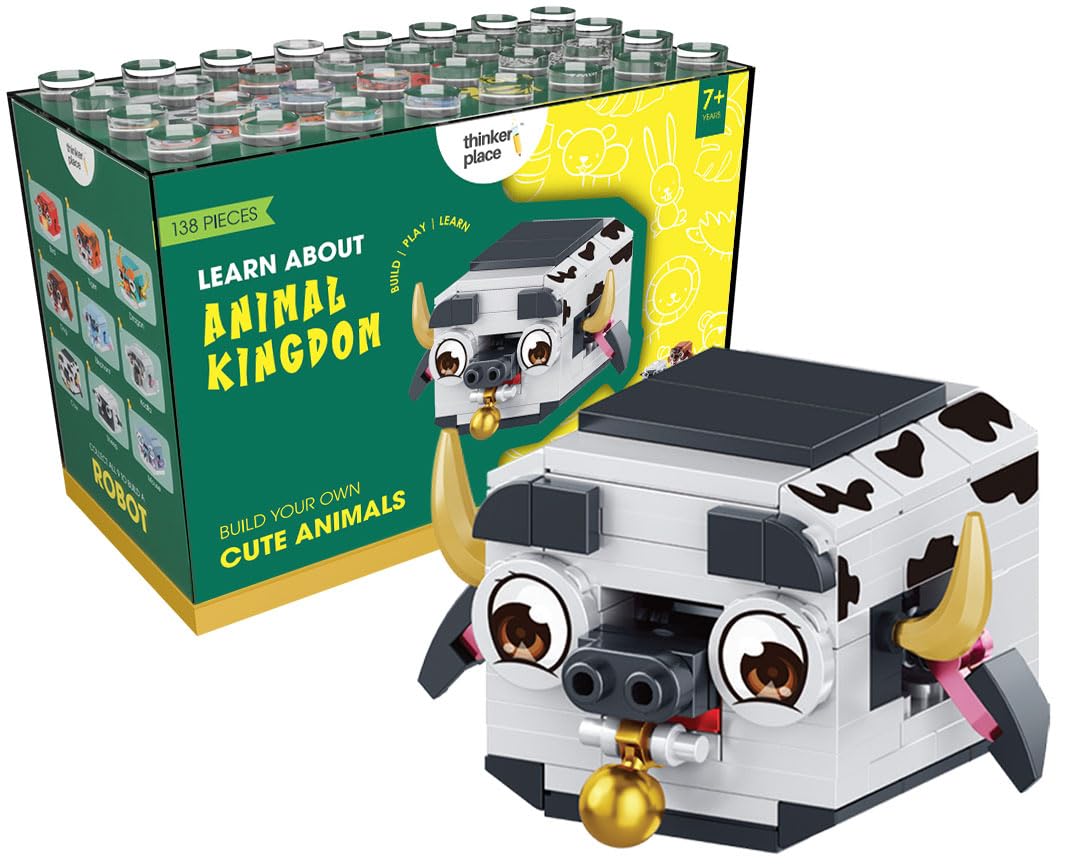 ThinkerPlace 9-in-1 Animal World Dairy Cow (138 Pieces) | Learn About The Animal Kingdom | Building Block Set for Kids Age 6+ | STEM Educational Toy | Build, Collect & Create Stackable Mega Robot